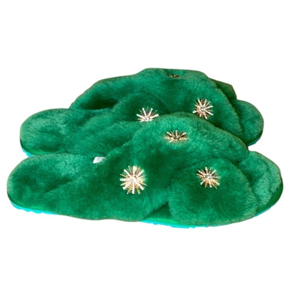 NA XXXX ???? Sheepskin Green Open Tor Slippers Gold & Rhinestone Embellishments